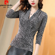 皮爾卡丹時(shí)尚洋氣V領(lǐng)印花T恤女裝新款韓版潮豹紋長(cháng)袖修身上衣打底襯衫女 銀色常規款 舒適透氣遮肉顯瘦 L 100-120