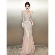 晚禮服輕奢重工蕾絲亮片一字肩輕透感超仙女神連衣裙高端宴會(huì )長(cháng)裙 圖片色 S