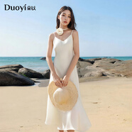 朵以（Duoyi）2025夏季新款度假優(yōu)雅性感立體花朵玫瑰垂墜光澤感V領(lǐng)吊帶裙 香檳杏 L