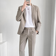 羅蒙（ROMON）休閑西裝套裝男夏季寬松正裝高級感韓版結(jié)婚禮服垂感潮流西服外套 杏色【兩件套】西服+褲子 190/3XL