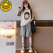 G.DUCK女童休閑夏裝2025新款洋氣時髦短袖兩件套中大童韓版牛仔中褲套裝 灰色小女孩套裝 160