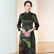 華族經(jīng)典（HUAZUJINGDIAN）華族經(jīng)典50姆米重緞香云紗編織領(lǐng)高端氣質(zhì)優(yōu)雅中年媽媽旗袍長(zhǎng)版女 綠色-120衣長(zhǎng) 均碼 M90-105斤