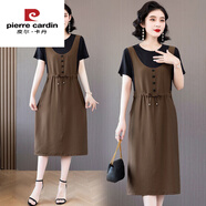 皮爾卡丹（pierre cardin）假兩件拼接短袖連衣裙女2025夏季胖媽媽裝時(shí)尚氣質(zhì)A字裙子40-50歲 咖色純色 今年流行的輕奢品牌 2XL (建議105-120斤左右)