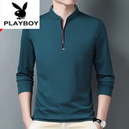 花花公子（PLAYBOY）純棉長袖T恤男休閑薄 款體恤上衣夏春秋冬季中年男裝立領(lǐng)打底 長袖6623寶蘭 薄款 L 170建議120-140斤