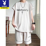 花花公子冰絲休閑運動(dòng)套裝男夏季落肩袖t恤男短袖青少年一套帥氣搭配衣服T TZ5243杏色套裝 L (約110-125斤可穿)