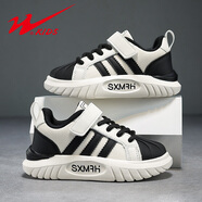 雙星（DOUBLE STAR）童鞋男童德訓板鞋2024秋季新款男孩黑色皮面防水兒童運動鞋潮 FY-90066黑白(低幫皮面單鞋) 36 _鞋內長約23cm