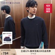 TOMMY HILFIGER【柔軟純棉】25秋冬男撞色條紋學院風針織衫/情侶款純色毛衣 【純色繡標毛衣】午夜藍FAP L （推薦：150-165斤）