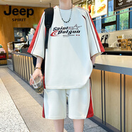 JEEP SPIRIT短袖男套裝夏季新款寬松半袖體恤學(xué)生潮流夏天短袖短褲一套 T706白色 M