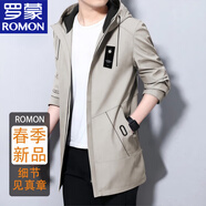 羅蒙（ROMON）高端中長款風衣外套男士韓版衣服春秋裝休閑時尚大碼中青年夾克男 米色 XL 適合體重(115-130斤)
