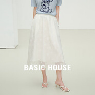 百家好（Basic House）Basic House/百家好花朵圖案松緊腰半身裙夏季新款高級中長(cháng)款裙子 白色 L