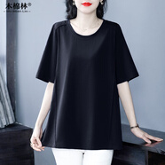 木棉林（mumianlin）大碼女裝棉圓領(lǐng)t恤上衣寬松遮肚 夏季新款胖媽媽洋氣短袖打底衫 黑色 L (100-120斤)