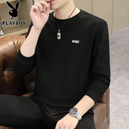 花花公子（PLAYBOY）春裝薄款男士圓領(lǐng)衛(wèi)衣2025年春秋長袖加絨打底衫簡約百搭上衣體恤 030黑色 M 適合90-120斤