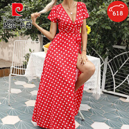皮爾卡丹（pierre cardin）女裝歐洲站2025夏季新款時(shí)尚收腰顯瘦短袖波點(diǎn)開(kāi)叉連衣裙女士 109365紅色 2XL
