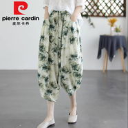 皮爾卡丹（pierre cardin）品牌店棉麻印花薄款哈倫褲女夏時(shí)尚抽繩七分褲亞麻休閑燈籠褲 墨綠花今年流行的輕奢品牌 L 【115-130斤】