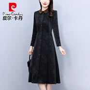 皮爾卡丹高貴夫人秋冬新款長(zhǎng)袖印花連衣裙娃娃領(lǐng)收腰顯瘦氣質(zhì)減齡中長(zhǎng)裙 黑色 M