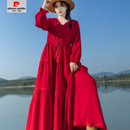 皮爾卡丹（pierre cardin）秋冬季新款民族風(fēng)長(cháng)袖V領(lǐng)蕾絲花邊紅色抽繩顯瘦連衣裙大擺長(cháng)裙女 紅色 S 80-95