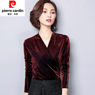 皮爾卡丹（pierre cardin）2025春秋裝新款領(lǐng)長t袖恤女修身網(wǎng)紗打底衫女士亮絲上衣韓版洋氣 酒紅-A 4XL 建議155-168斤