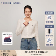 TOMMY HILFIGER【復(fù)古絞花】春秋季女裝純棉肌理感圓領(lǐng)內(nèi)搭打底衫開衫針織衫毛衣 【撞色絞花開襟】-  白色YBL S （推薦：100-110斤）