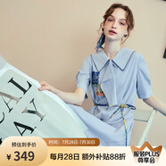 兩三事梵高文藝 美學(xué)漣漪 2025夏季新款印花貼布繡綁帶翻領(lǐng)連衣裙 藍色-y S