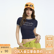 KAMA卡瑪設計感撞色印花圓領短袖T恤2025新款夏季女彈力短款上衣 深藍 M