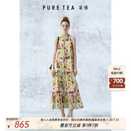茶·愫（PURE TEA）【明星同款】puretea茶愫掛脖連衣裙女緞面雪紡印花長(zhǎng)裙2024夏新 米白 M