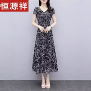 恒源祥法式冰絲V領(lǐng)碎花連衣裙女2025年夏季短袖新款遮肚顯瘦長款長裙子 黑色 M 建議90-100斤
