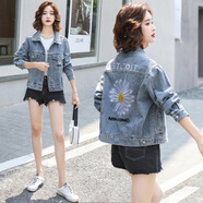 妹丫2025秋新款重工刺繡女外套寬松學(xué)院風(fēng)bf夾克上衣潮短款牛仔外套女 圖片色 M