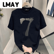 LMAY問題不大服飾店短袖.t恤男潮流圓領(lǐng)簡約印花百搭輕奢痞帥 黑色-(數(shù)字7) S (建議75-95斤)
