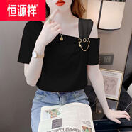 恒源祥韓版夏季新款露肩短袖T恤女設(shè)計(jì)小眾顯瘦斜領(lǐng)寬松半袖體恤打底衫 黑色 XL