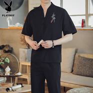 花花公子（PLAYBOY）夏季新款棉麻男套裝亞麻短袖t恤休閑半袖唐裝漢服體恤中國風(fēng)服飾V 1312黑色【短袖+長褲】 M (90~105斤)