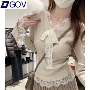 DGOVv領蕾絲蝴蝶結喇叭袖針織衫女春秋氣質內(nèi)搭打底毛衣感修身上衣 燕麥色 M 【81-95斤】