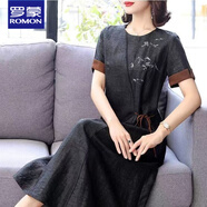 羅蒙夏季新款刺繡香云紗蠶絲旗袍裙龜裂紋香云紗國風(fēng)氣質(zhì)真絲連衣裙女 2508【黑色短袖】 XL 【建議110斤以下】