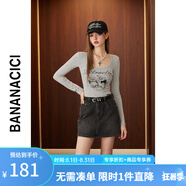 banana cici2024年初秋新款美式辣妹風(fēng)大方領(lǐng)短款貓咪印花長(cháng)袖T恤女C243TX037 灰色 S