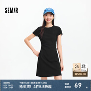 森馬（Semir）連衣裙女收腰T恤裙小心機(jī)夏季2025新款繡花圓領(lǐng)短裙簡約休閑 黑色90001 2XL