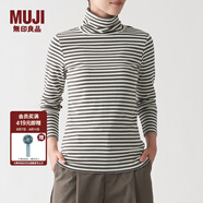 無印良品 MUJI 女式 彈力羅紋編織 高領長袖T恤 BBM01A1A 深灰色條紋 L
