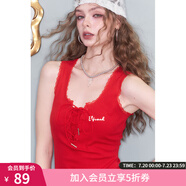 妖精的口袋蕾絲花邊白色修身吊帶女2025夏新款設(shè)計感背心無袖上衣 綁帶櫻桃紅色 M