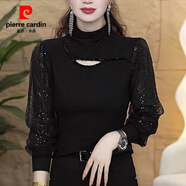 皮爾卡丹泡泡袖蕾絲拼接半高領(lǐng)打底衫女2025冬季時(shí)尚鏤空羅馬棉內搭上衣 黑色 XL 85-110斤
