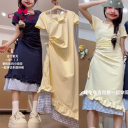蜜樂(lè )奇假兩件掛脖吊帶連衣裙女夏季純欲風(fēng)格子多巴胺小個(gè)子短袖修身裙子 奶黃色 長(cháng)款 【MS-105cm】 M 建議95-108斤