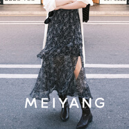 美洋（MEIYANG）步步生花半身裙復(fù)古微透雪紡印花A字荷葉斜邊長(zhǎng)裙高腰新款裙子女 黑色 L