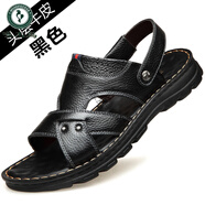 啄木鳥夏季新款涼鞋男真皮頭層牛皮休閑沙灘鞋男軟底防滑中年男士皮拖鞋 黑色主圖款1884 38