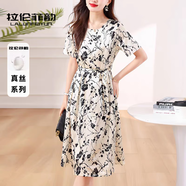 拉倫菲韻意式高端品牌重磅真絲連衣裙女2025夏季新款氣質(zhì)收腰桑蠶絲碎花裙 米色（真絲桑蠶絲系列） XL 【110-120斤】