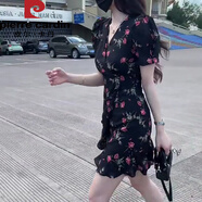 皮爾卡丹2025年夏季韓版洋氣v領(lǐng)荷葉邊短袖裙子收腰顯瘦印花短裙連衣裙女 黑色 L 建議105-115斤