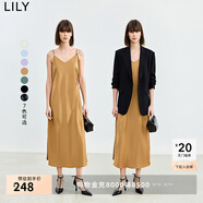 LILY夏新款女裝法式優(yōu)雅浪漫氣質(zhì)可調節肩帶長(cháng)款吊帶連衣裙女 611咖金 L