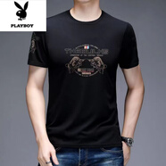 花花公子（PLAYBOY）男士印花短袖t恤夏季個(gè)性上衣中青年潮流休閑半截袖打底衫百搭短T 黑色 16  老周 M +165