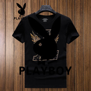 花花公子（PLAYBOY）歐洲站男士燙鉆短袖t恤夏季新款修身精神小伙半袖大碼潮牌ins體恤 飛天牛-黑色 S 建議85-105斤