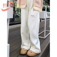 若盼刺繡小熊涂鴉彩點燈芯絨日系軟妹闊腳褲女秋冬加絨寬松高腰直筒褲 米白色春秋  薄款 M 95-105斤