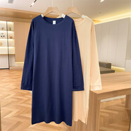 ROAR UTHAUG中長(cháng)款過(guò)膝棉白色長(cháng)袖連衣裙女秋季2025新款大碼寬松開(kāi)叉t恤裙子 藏青色（純色） XL (建議130-150斤)