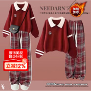 莞町青少年女大童13-15歲初中生12-15歲女孩衣服秋季套裝2025年新款 紅色上衣+紅格子褲（加絨加厚） 160 cm