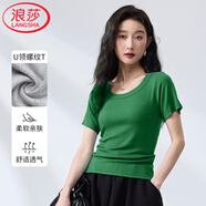浪莎純色圓領(lǐng)T恤女夏季經(jīng)典螺紋彈力修身顯瘦百搭顯胸大打底衫上衣
