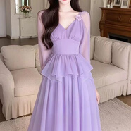 皮爾卡丹（pierrecardin）今年流行法式赫本風(fēng)紫色收腰立體花朵連衣裙2025女春新款小眾 紫色 L 105-115斤